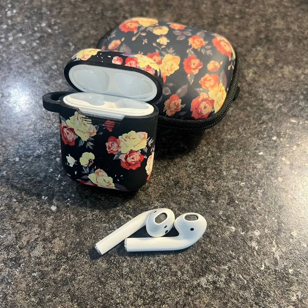 Apple White Earbuds with Black Floral Charging Case and Zipper Pouch